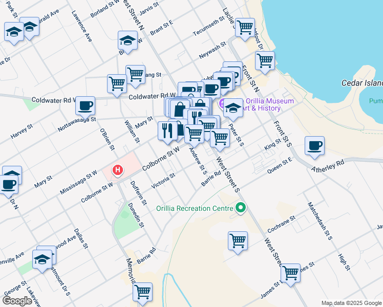 map of restaurants, bars, coffee shops, grocery stores, and more near 63 Andrew Street South in Orillia