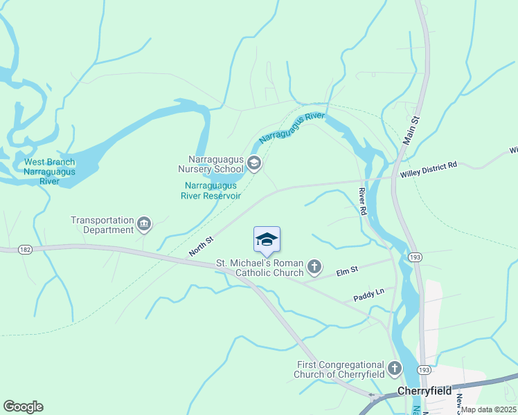 map of restaurants, bars, coffee shops, grocery stores, and more near 90 North Street in Cherryfield