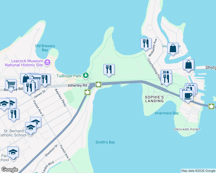 map of restaurants, bars, coffee shops, grocery stores, and more near 463 Atherley Road in Orillia