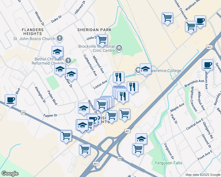 map of restaurants, bars, coffee shops, grocery stores, and more near 1100 Millwood Avenue in Brockville