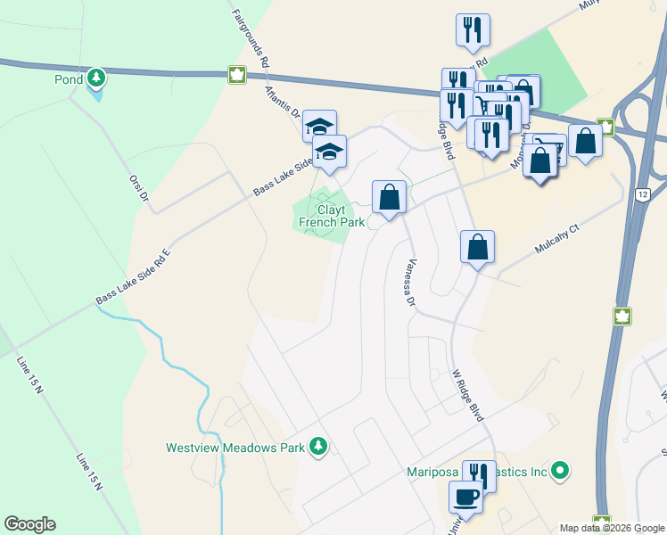 map of restaurants, bars, coffee shops, grocery stores, and more near 3124 Monarch Drive in Orillia