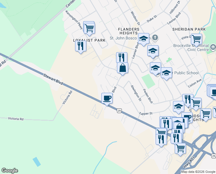 map of restaurants, bars, coffee shops, grocery stores, and more near 820 Laurier Boulevard in Brockville