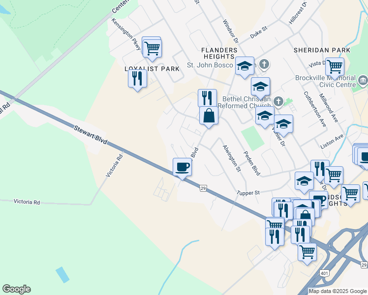 map of restaurants, bars, coffee shops, grocery stores, and more near 820 Laurier Boulevard in Brockville