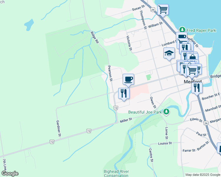 map of restaurants, bars, coffee shops, grocery stores, and more near 130 Pearson Street in Meaford