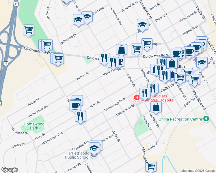 map of restaurants, bars, coffee shops, grocery stores, and more near 241 John Street in Orillia