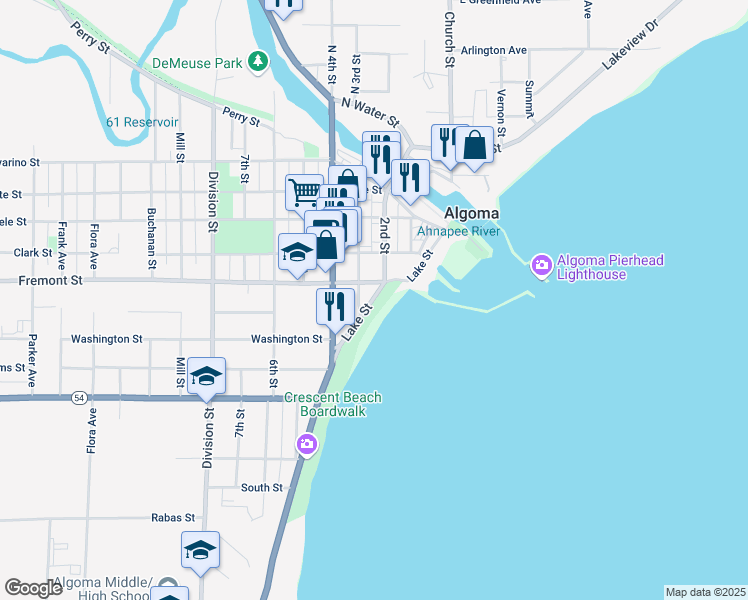 map of restaurants, bars, coffee shops, grocery stores, and more near 617 2nd Street in Algoma