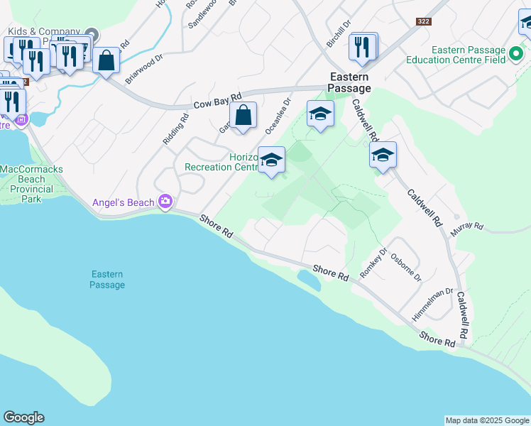map of restaurants, bars, coffee shops, grocery stores, and more near 40 Ainslie Crescent in Eastern Passage