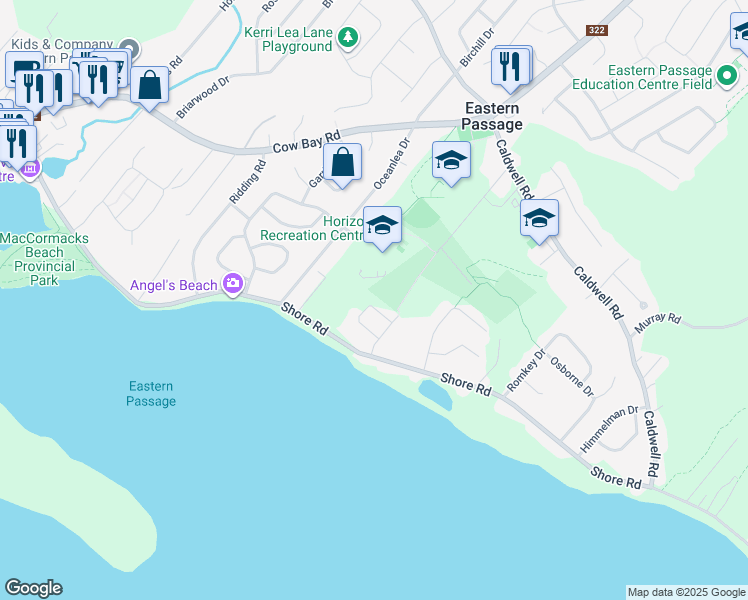 map of restaurants, bars, coffee shops, grocery stores, and more near 40 Ainslie Crescent in Eastern Passage