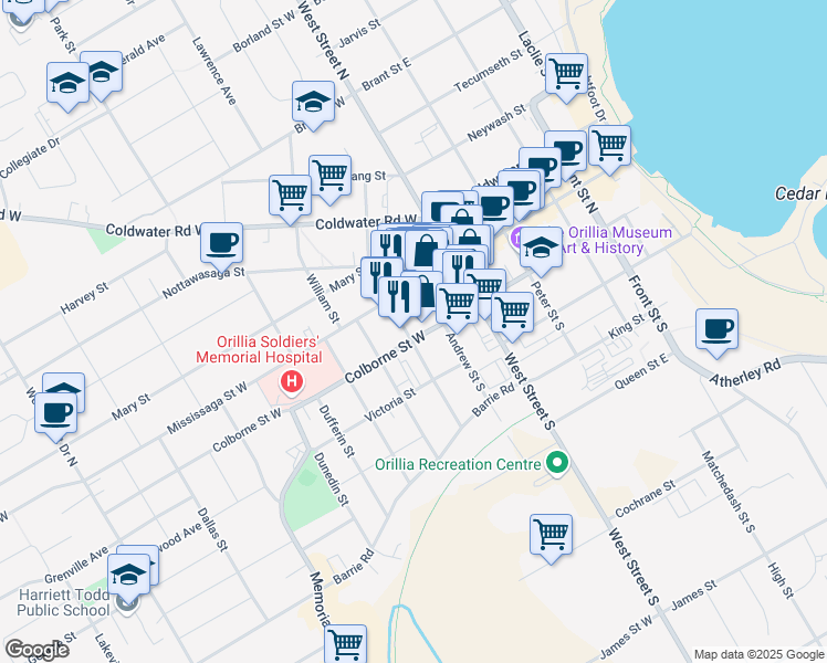 map of restaurants, bars, coffee shops, grocery stores, and more near 60 Colborne Street West in Orillia