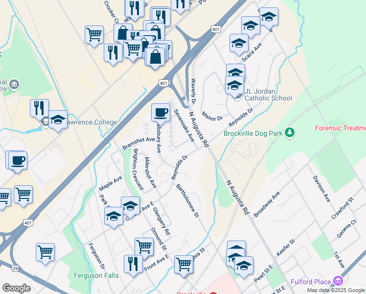 map of restaurants, bars, coffee shops, grocery stores, and more near 18 Bisley Crescent in Brockville