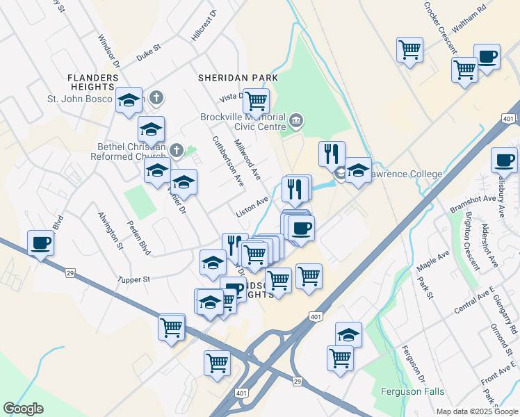 map of restaurants, bars, coffee shops, grocery stores, and more near 21 Liston Avenue in Brockville