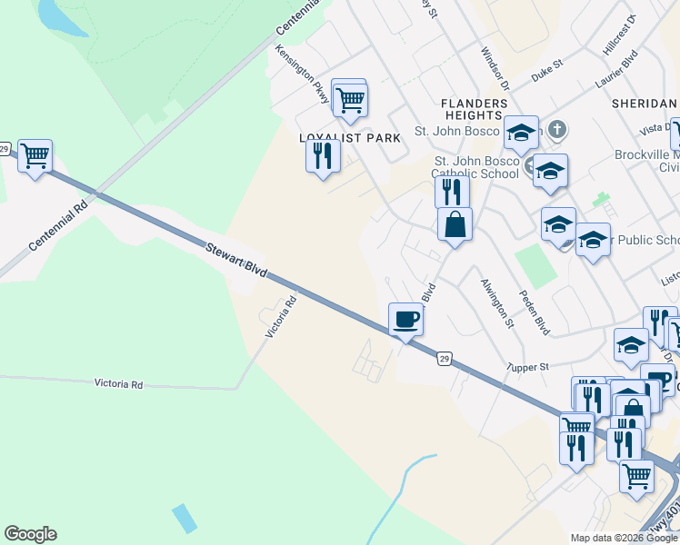 map of restaurants, bars, coffee shops, grocery stores, and more near 663 Stewart Boulevard in Brockville