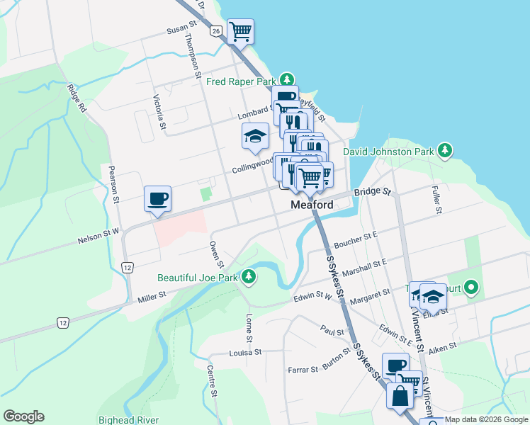 map of restaurants, bars, coffee shops, grocery stores, and more near 87 Nelson Street West in Meaford