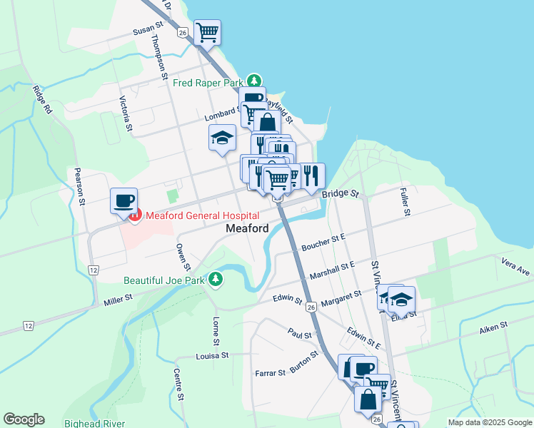 map of restaurants, bars, coffee shops, grocery stores, and more near 23 Trowbridge Street West in Meaford