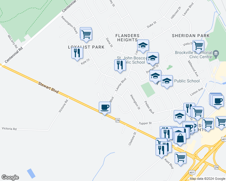 map of restaurants, bars, coffee shops, grocery stores, and more near 780 Laurier Boulevard in Brockville