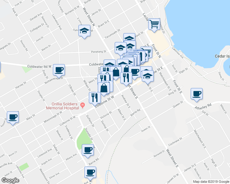 map of restaurants, bars, coffee shops, grocery stores, and more near in Orillia