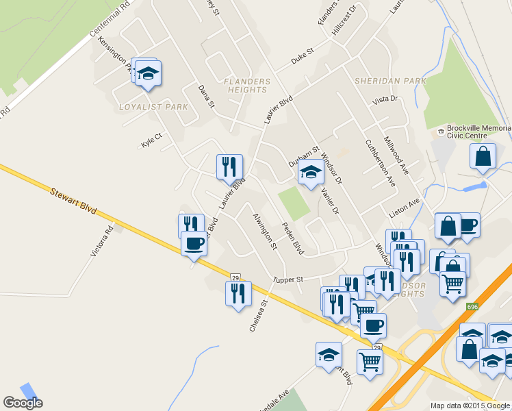 map of restaurants, bars, coffee shops, grocery stores, and more near 1301 Alwington Street in Brockville