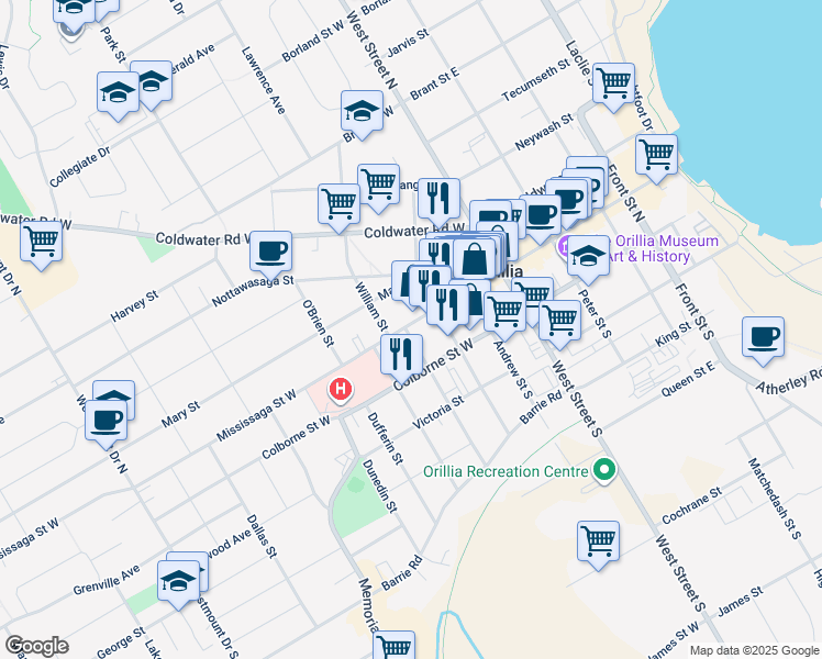 map of restaurants, bars, coffee shops, grocery stores, and more near 119 Mississaga Street West in Orillia