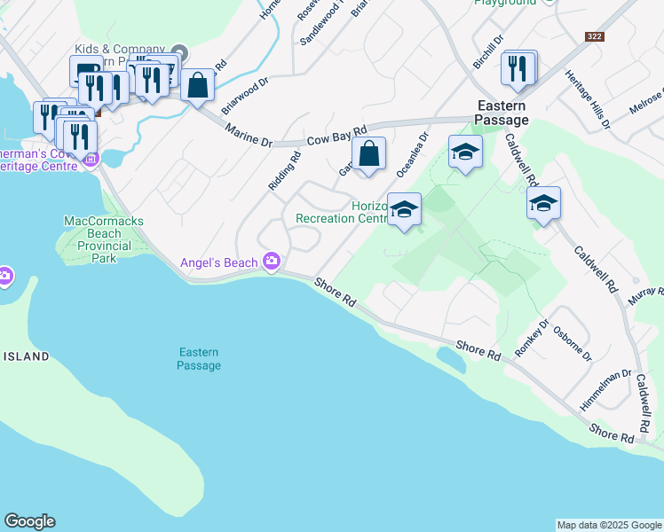 map of restaurants, bars, coffee shops, grocery stores, and more near 135 Oceanlea Drive in Eastern Passage