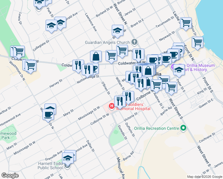 map of restaurants, bars, coffee shops, grocery stores, and more near 163 Mary Street in Orillia