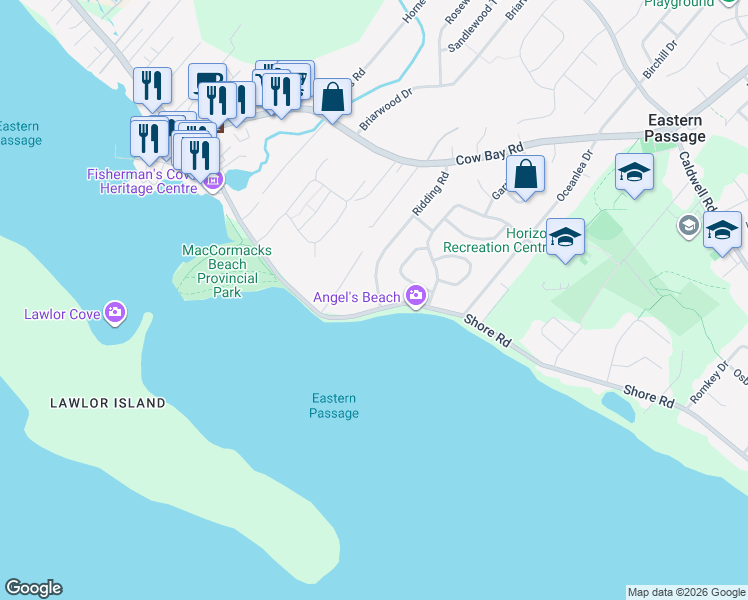 map of restaurants, bars, coffee shops, grocery stores, and more near 164 Patricia Road in Eastern Passage