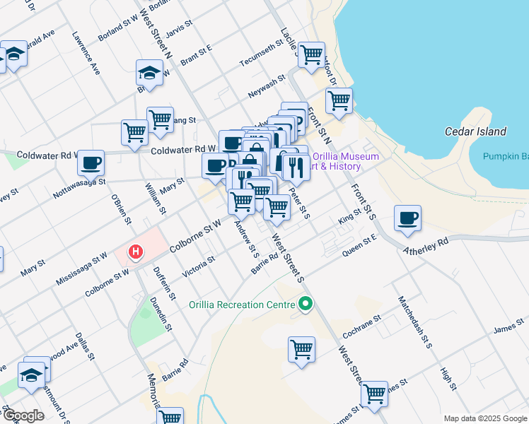 map of restaurants, bars, coffee shops, grocery stores, and more near 62 West Street South in Orillia