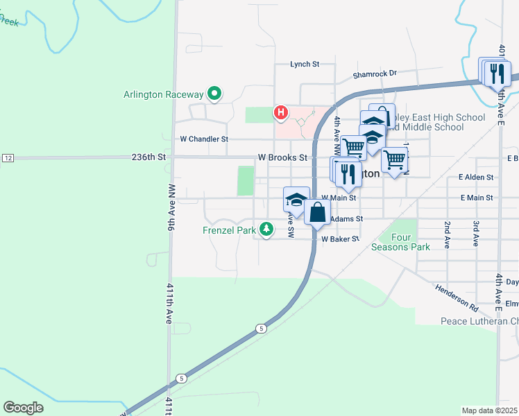 map of restaurants, bars, coffee shops, grocery stores, and more near 101 7th Avenue Southwest in Arlington