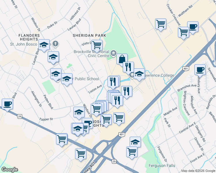 map of restaurants, bars, coffee shops, grocery stores, and more near 1109 Millwood Avenue in Brockville