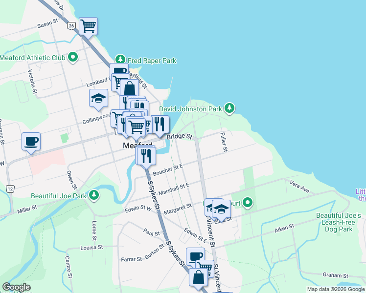 map of restaurants, bars, coffee shops, grocery stores, and more near 69 Denmark Street in Meaford