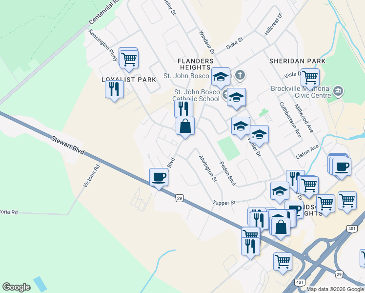 map of restaurants, bars, coffee shops, grocery stores, and more near 773 Laurier Boulevard in Brockville