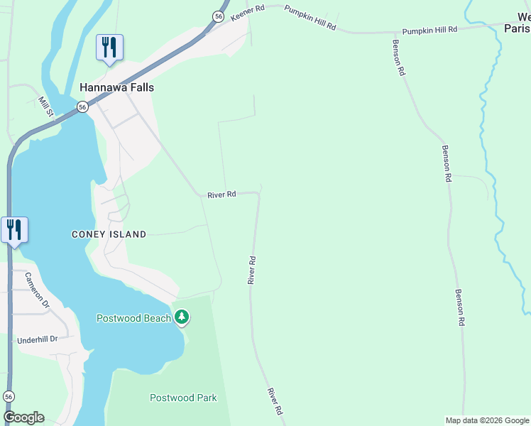 map of restaurants, bars, coffee shops, grocery stores, and more near 2048 River Road in Potsdam