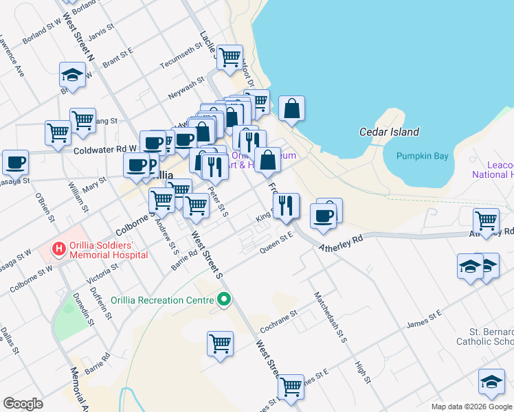 map of restaurants, bars, coffee shops, grocery stores, and more near 105 Matchedash Street South in Orillia