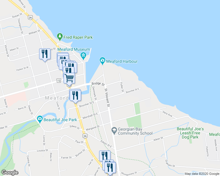 map of restaurants, bars, coffee shops, grocery stores, and more near 87 Bridge Street in Meaford