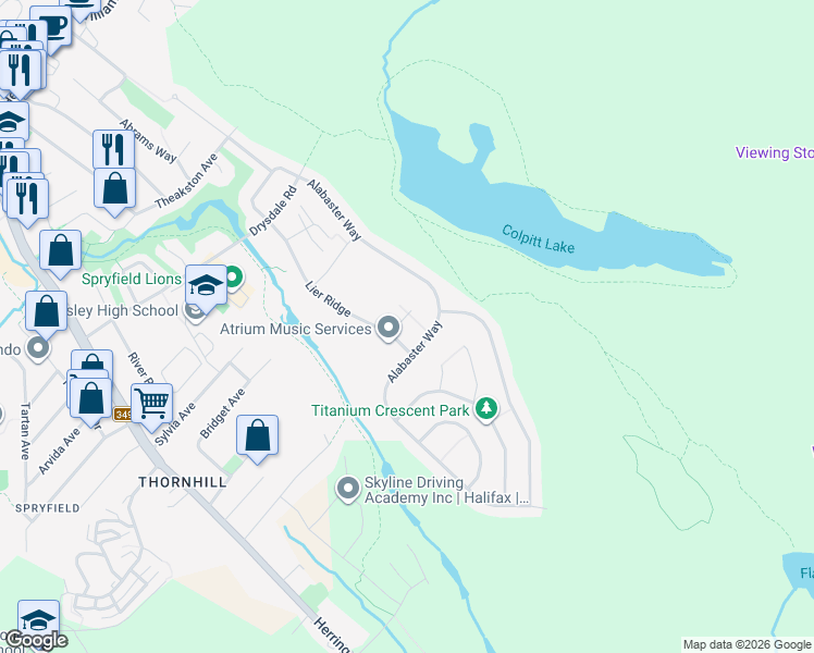 map of restaurants, bars, coffee shops, grocery stores, and more near 15 Brick Lane in Halifax
