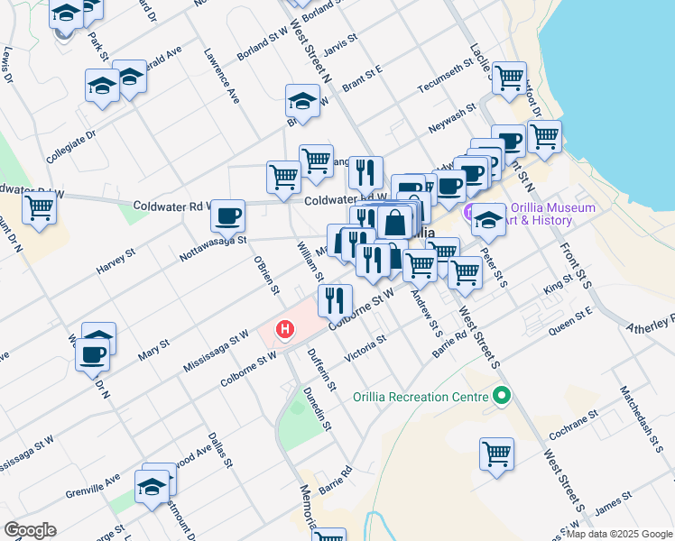 map of restaurants, bars, coffee shops, grocery stores, and more near 114 Mississaga Street West in Orillia