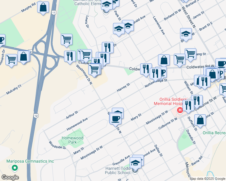 map of restaurants, bars, coffee shops, grocery stores, and more near 308 Harvey Street in Orillia