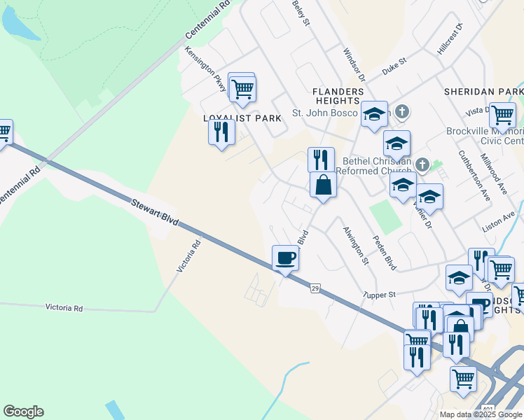 map of restaurants, bars, coffee shops, grocery stores, and more near 10 Cartier Court in Brockville