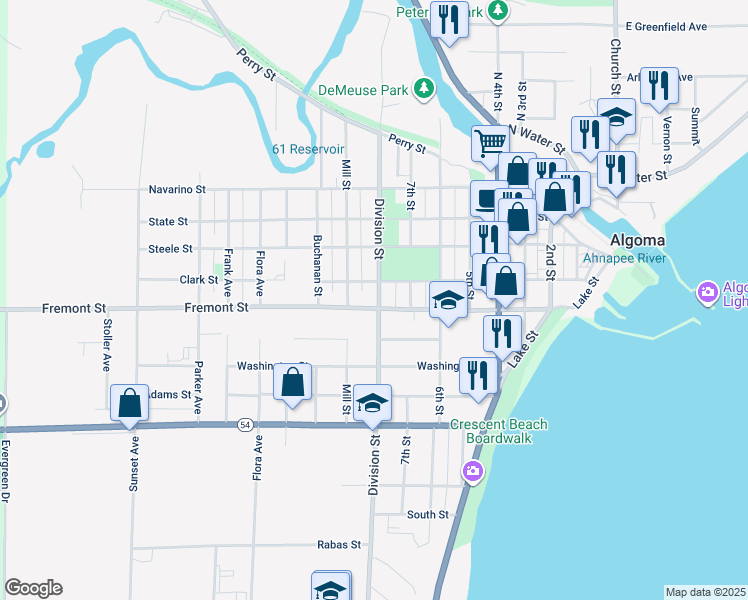 map of restaurants, bars, coffee shops, grocery stores, and more near 803 Fremont St in Algoma
