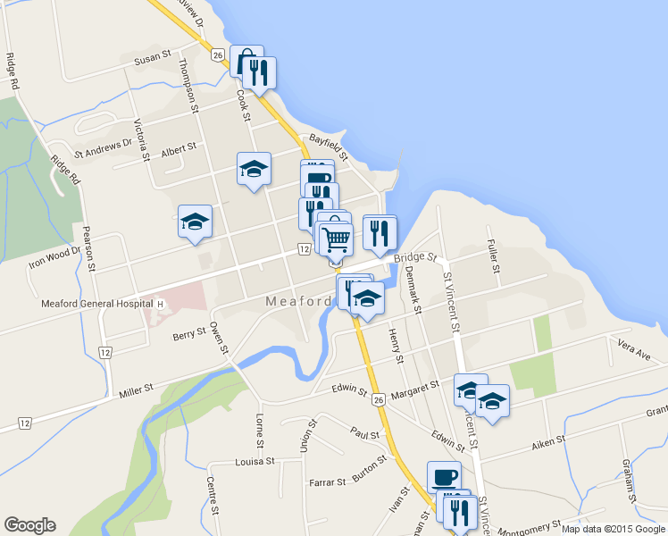 map of restaurants, bars, coffee shops, grocery stores, and more near 28 North Sykes Street in Meaford
