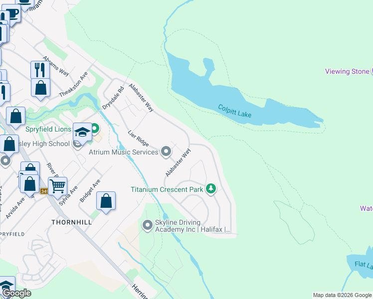 map of restaurants, bars, coffee shops, grocery stores, and more near 215 Alabaster Way in Halifax