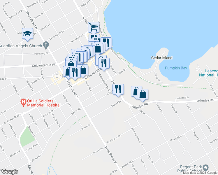 map of restaurants, bars, coffee shops, grocery stores, and more near 106 Matchedash Street South in Orillia