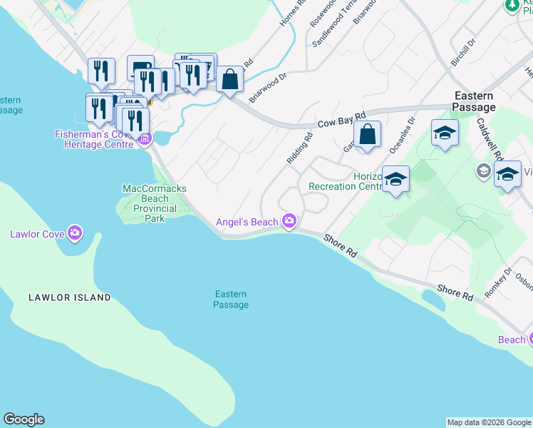 map of restaurants, bars, coffee shops, grocery stores, and more near 164 Patricia Road in Eastern Passage