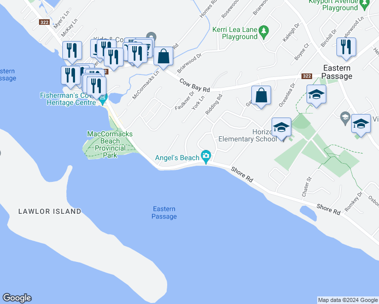 map of restaurants, bars, coffee shops, grocery stores, and more near 164 Patricia Road in Eastern Passage