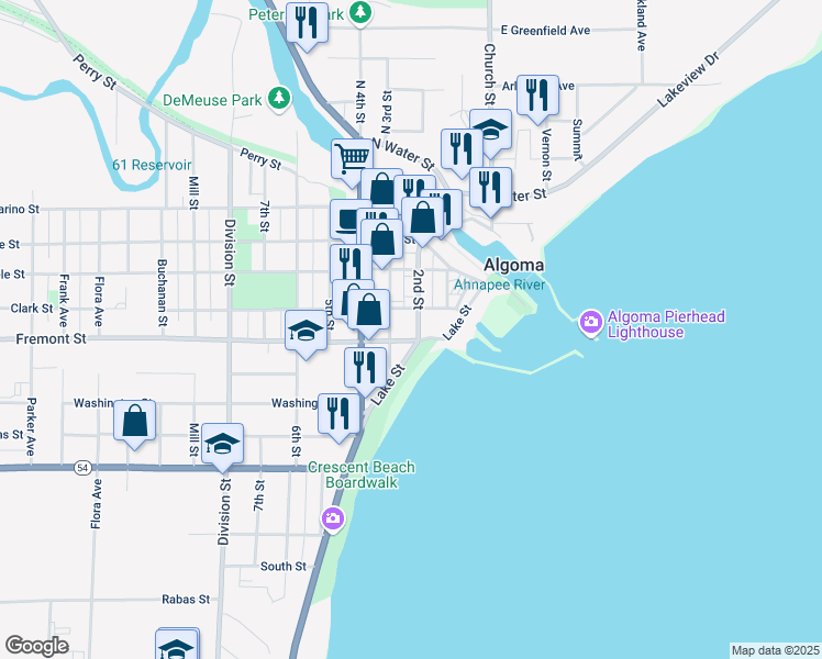 map of restaurants, bars, coffee shops, grocery stores, and more near 617 2nd Street in Algoma