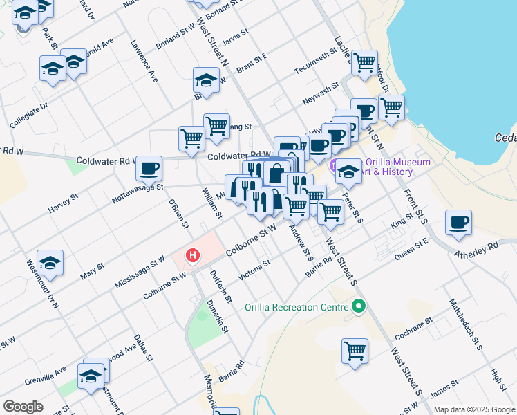 map of restaurants, bars, coffee shops, grocery stores, and more near 79 Mississaga Street West in Orillia