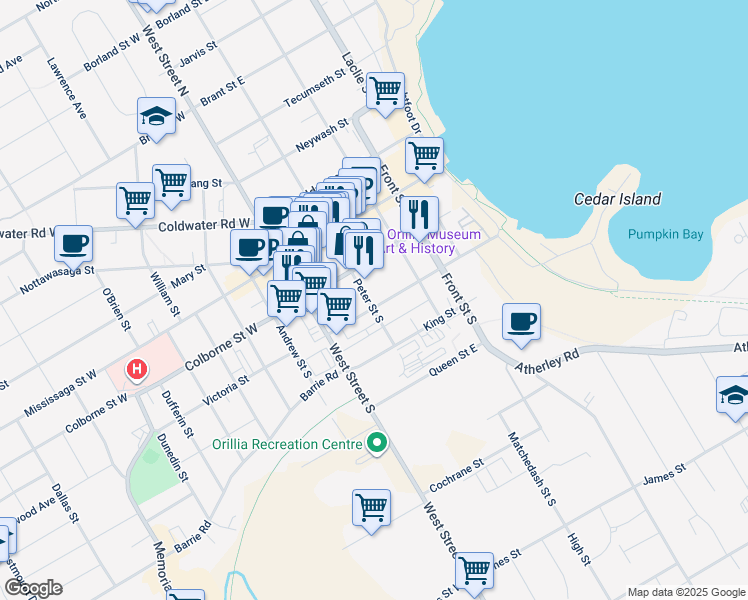 map of restaurants, bars, coffee shops, grocery stores, and more near 78 Peter Street South in Orillia