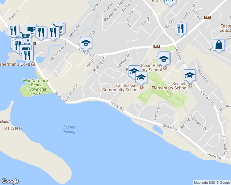 map of restaurants, bars, coffee shops, grocery stores, and more near 135 Oceanlea Drive in Eastern Passage
