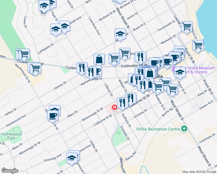 map of restaurants, bars, coffee shops, grocery stores, and more near 48 O'Brien Street in Orillia