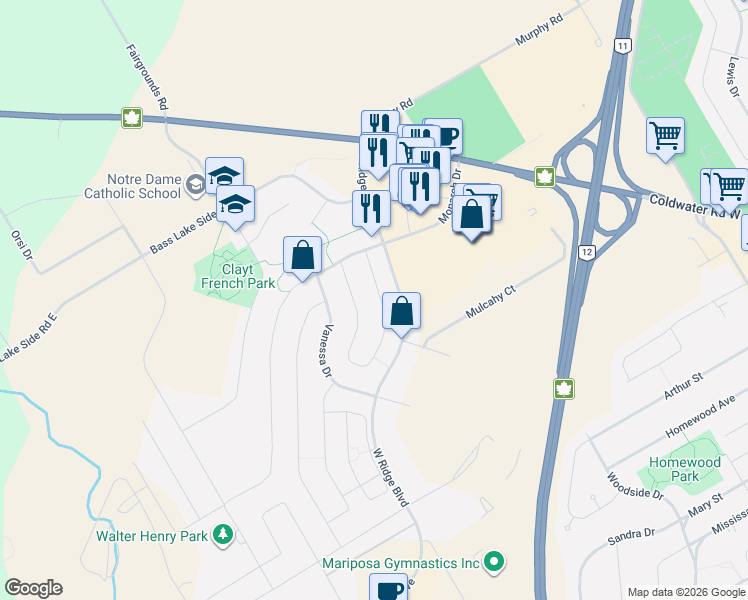 map of restaurants, bars, coffee shops, grocery stores, and more near 36 Julia Crescent in Orillia