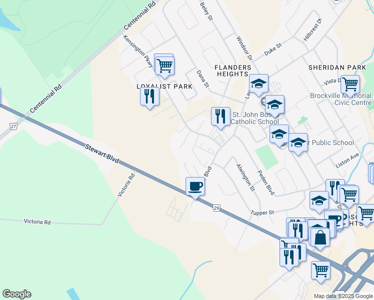 map of restaurants, bars, coffee shops, grocery stores, and more near 14 Cartier Court in Brockville